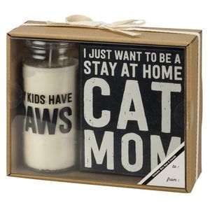 Cat Mom Boxed Gift Set Box Wall Art Shelf Sign Jar Soy Candle Sage Kitten NWT